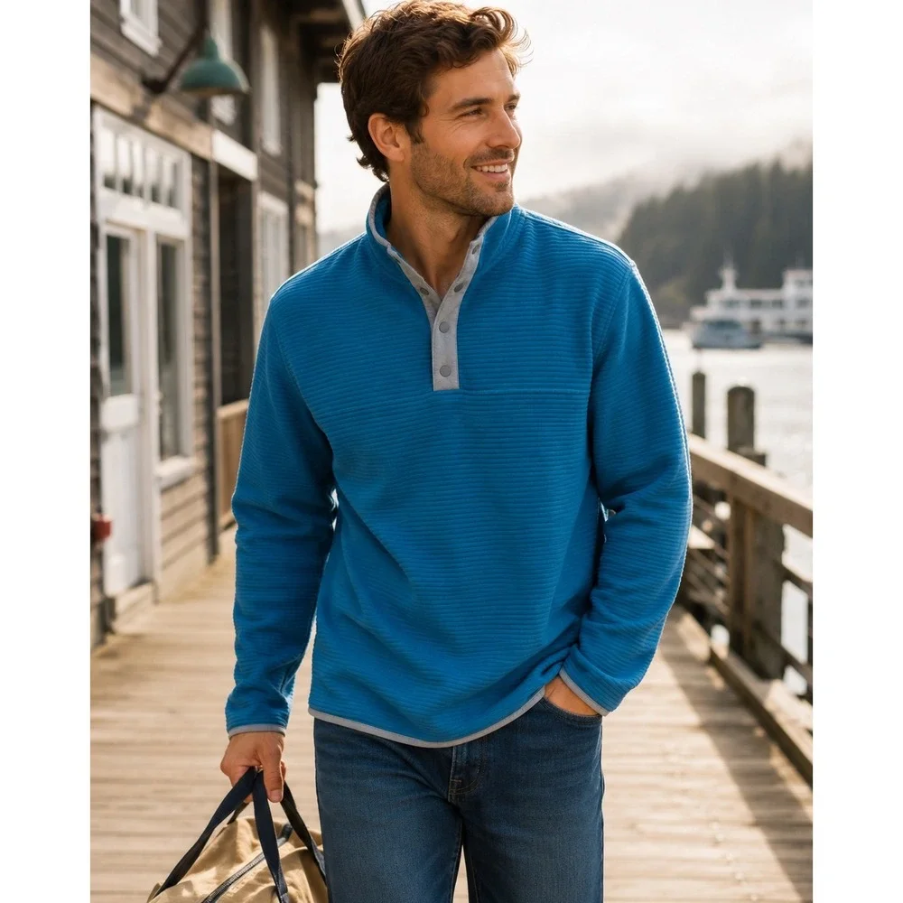 J.Crew Authentic Fleece Snap Neck Pullover‎ Sweatshirt Tranquil Blue XL BB725